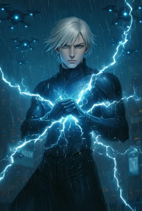 Rain, the blue-electric Summoner, framed in lightning