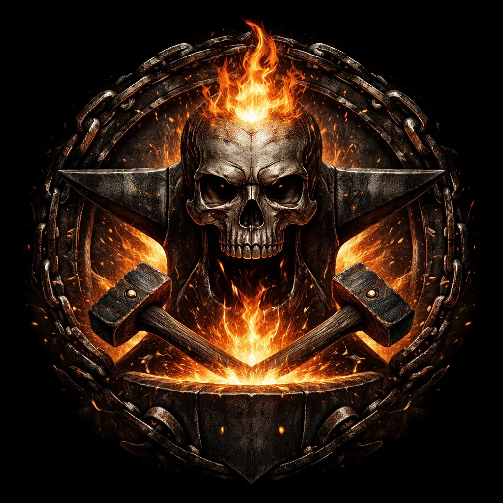 Grim Foundry flaming skull and forge emblem