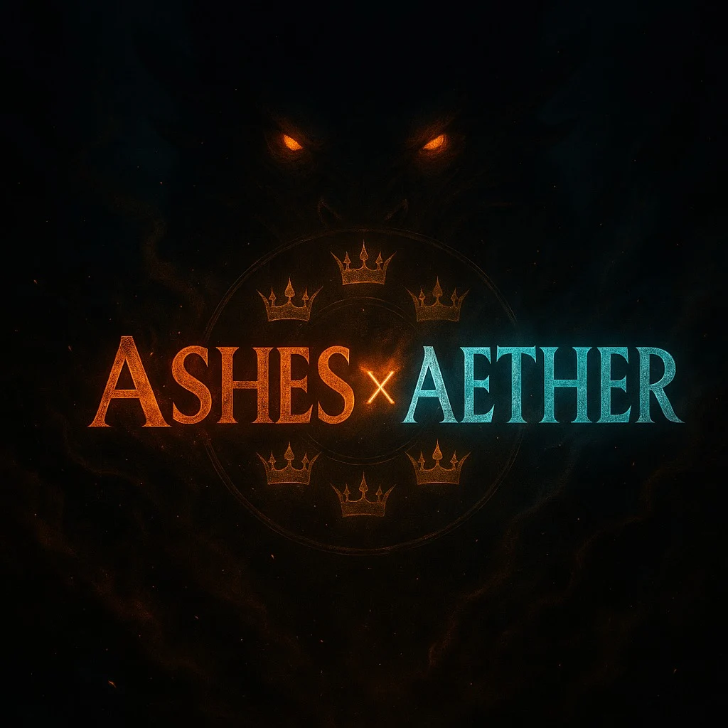 Ashes × Aether world identity: ember and blue Aether beneath a shadowed creature